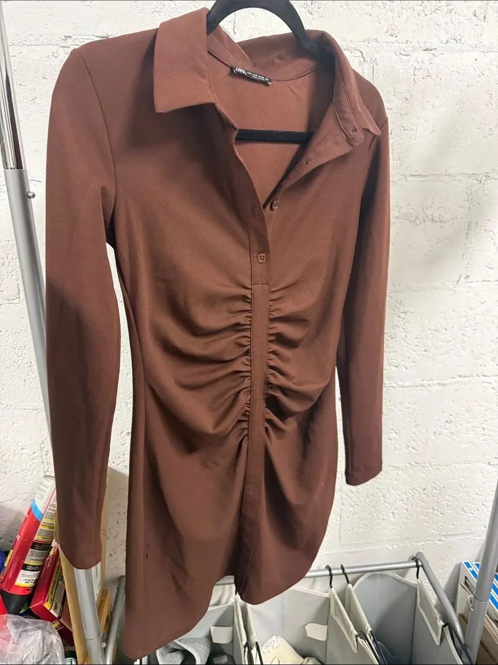 Brown Ruched Dress with Collar - ZARA Size Small - Never Worn
